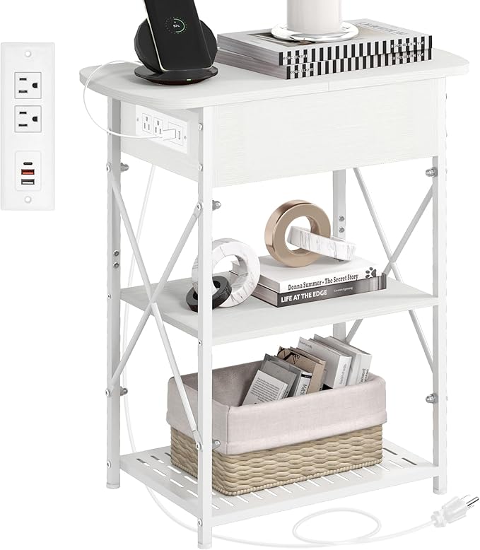 Narrow Side Table with Charging Station, End Table with 3 USB Ports and 2 AC Outlets, Flip Top End Table with Storage, White Side Tables Living Room, Nightstand with Drawer for Bedroom