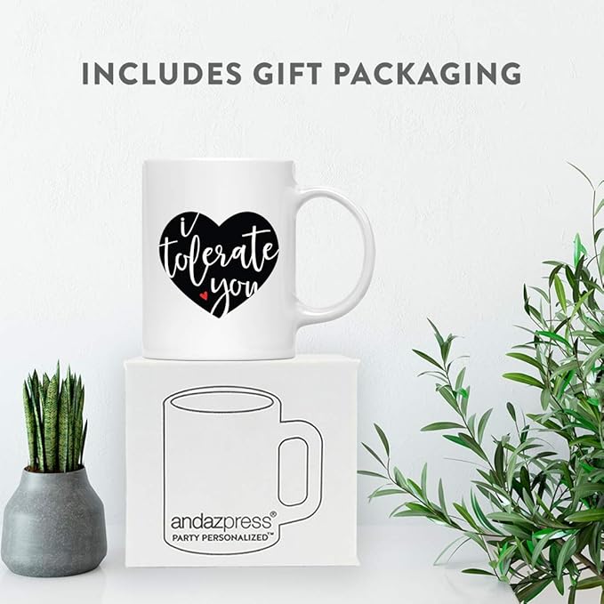 Andaz Press Valentine’s Day Funny 11oz. His Her Couples Coffee Mug Gift, I Tolerate You, Heart Graphic, 1-Pack, Gift Box