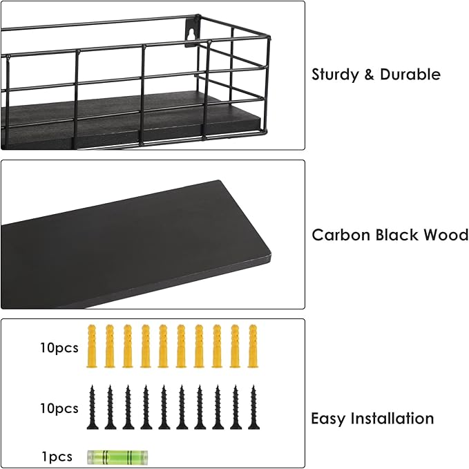 Fixwal 4 Set Floating Shelves Wall Shelves for Storage Hanging Shelves Wall Mounted for Living Room Kitchen and Bedroom Bathroom for Wall Decorative Storage (Black)