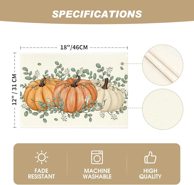 Artoid Mode Orange Pumpkin Eucalyptus Fall Placemats Set of 8, 12x18 Inch Seasonal Table Mats for Table Runner Party Kitchen Dining Decoration