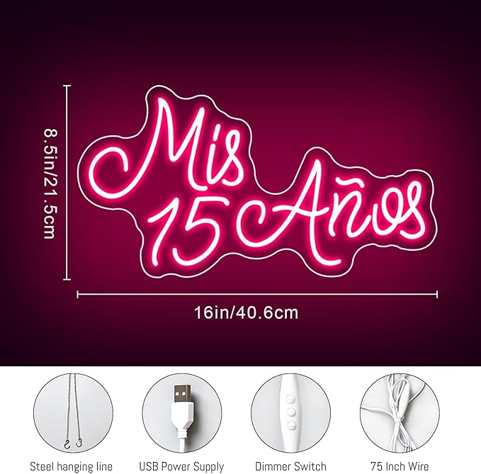 Mis 15 Años Neon Sign for Wall Decor, 15th Birthday Party Led Neon Light, USB Powered with Dimmer Switch Neon Lights for Mis Quince Party Decor,Sweet 15 Quinceanera Party Sign,Gifts for Lover