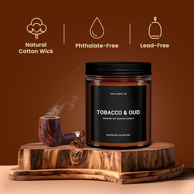 1OAK Tobacco & Oud Scented Candle - Tobacco Pipe Candle - 7oz (200g) - 40hr Burn Time - Soy Wax - Modern Home Fragrance