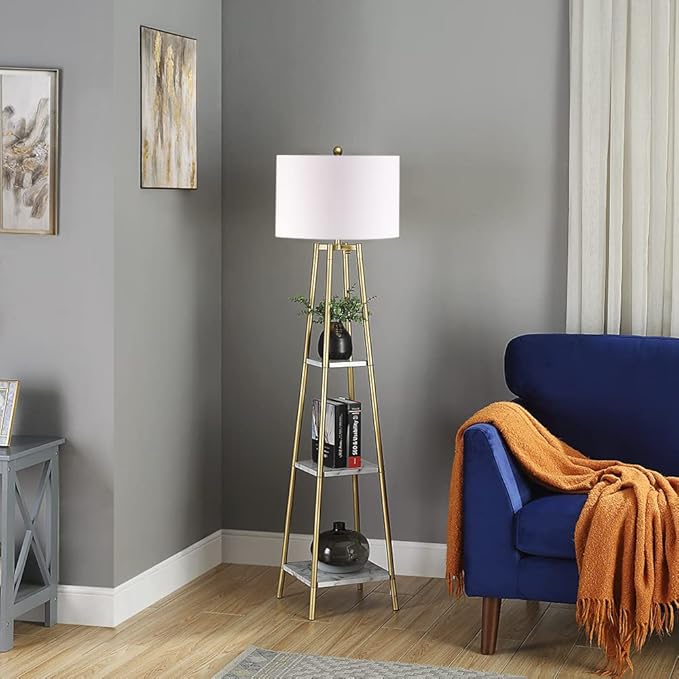 Floor Lamp, Standing Reading Light with Shelves and Gold Shade, Modern Tall Pole Lamp, Accent Furniture Décor Lighting for Living Room, Bedrooms (Gold, White Shade)
