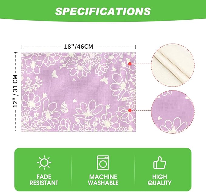 Artoid Mode Purple Flowers Floral Butterflies Spring Placemats Set of 4, 12x18 Inch Seasonal Table Mats Party Kitchen Dining Decoration