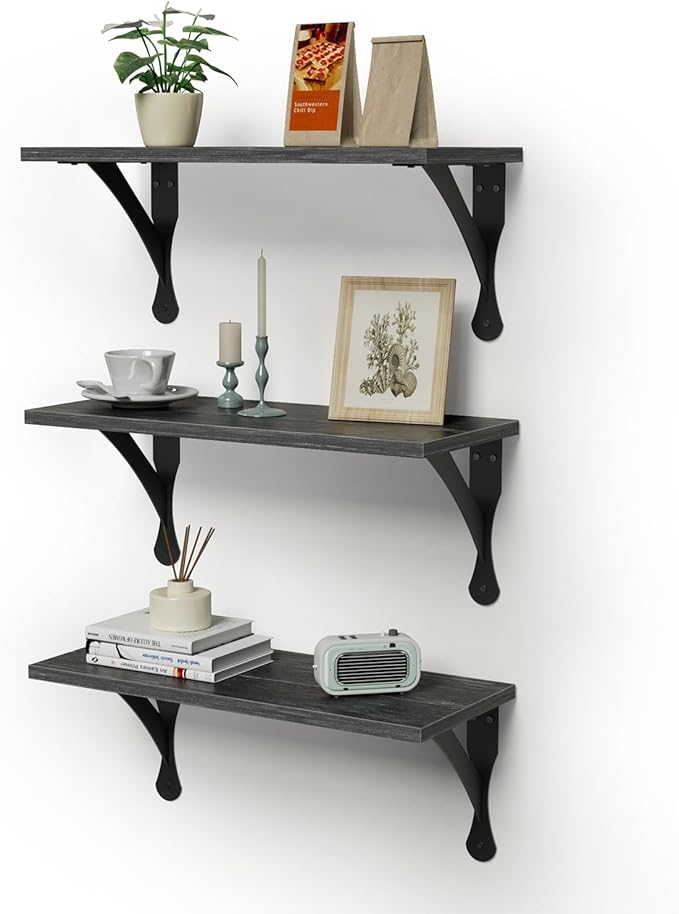 Wood Floating Shelves Set of 3, Wide Display Shelf Wall Mounted with Brackets, Easy Hanging Floating Shelves for Bedroom, Kitchen, Living Room, Bathroom (Black Wood Veins)