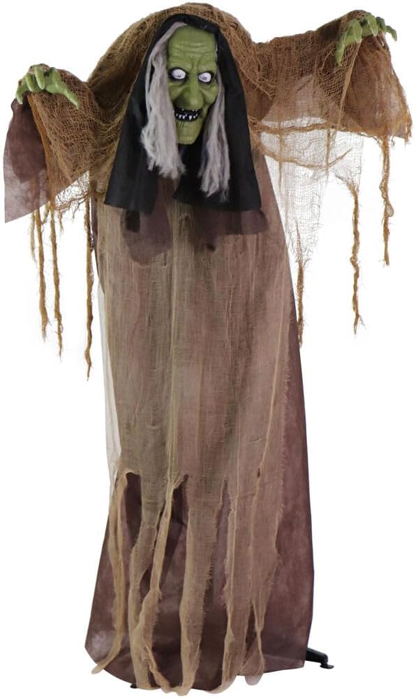Haunted Hill Farm Talking Hunchback Witch, Halloween Animatronic with Movement and Lights for Battery Operated Scary Indoor or Covered Outdoor Halloween Decorations, Creepy Halloween Prop