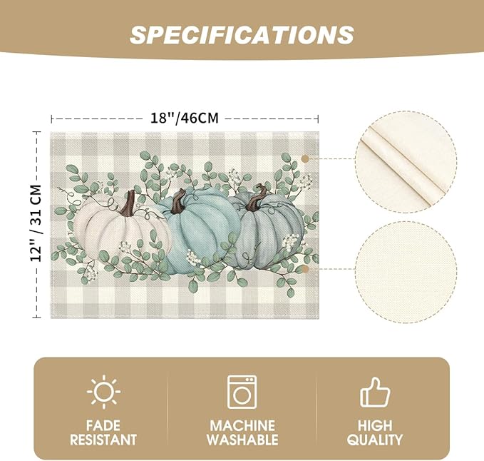 Artoid Mode Buffalo Plaid Eucalyptus Pumpkins Leaves Fall Placemats Set of 12,12x18 Inch Autumn Table Mats for Party Kitchen Dining Decoration