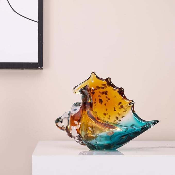 Sea Glass Art Figurines Hand Blown Conch Shell Sculpture, Green Sea Glass Decor Creative Conch Seashell Statue - For Coastal Room Decor Knick Knacks Home Decor Kitchen Decorations Above Cabinets