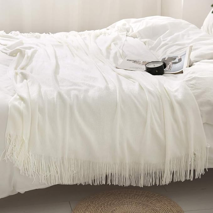 Homiest Decorative Knitted Throw Blanket with Fringe Soft & Cozy Tassel Blanket for Couch Sofa Bed- 50 x 60 (50" x 60", Ivory)