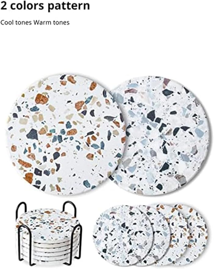 LIFVER Absorbent Drink Coasters with Holder, Set of 6 Ceramic Coasters Set with Cork Base, for Kinds of Drinking Glasses, 4 Inches Stone Coasters for Home Decor, White Elephant Gifts for Adults