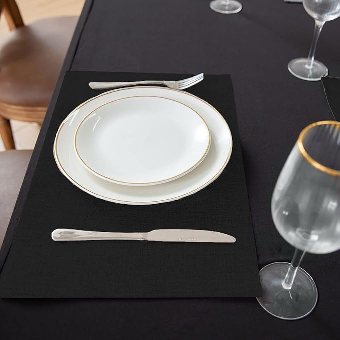 Linen Placemats Set of 8, Machine Washable, Heat Resistant, Wrinkle Free, Thick Polyester Kitchen Place Mats for Dining Table (Black)