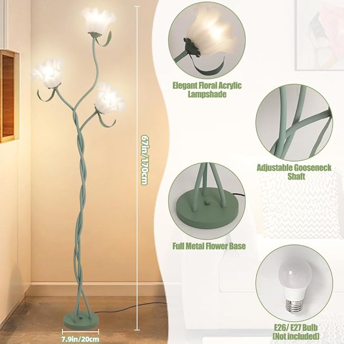3 Heads Flower Floor Lamp, Vintage Corner Floor Lamp with Flexible Neck Shaft, Standing Lamps Tall Lamp for Home Decor,Living Room,Bedroom,Office, Lily of The Valley Lamp
