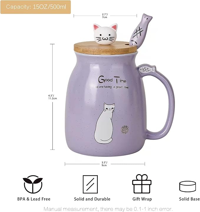SHENDONG Cute Cat Mug - Kawaii Kitty Lid & Spoon, 15OZ, Japanese Style, Purple