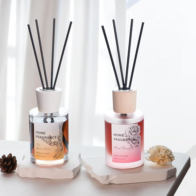Reed Diffuser - Sea Guaiac Wood&Pink Peony 4.06oz (120ml) 2 Packs Essential Oil Reed Diffuser Set with 16 Sticks, Long Lasting Fragrance for Home, Bathroom, Bedroom, Room, Decor