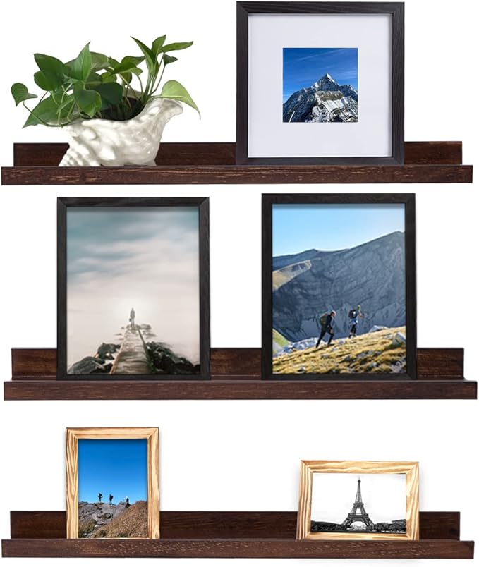 MBYD 16 Inch Wood Floating Shelves Wall Mounted Deep Walnut Picture Ledge Shelf Nursery Book Shelves for Home Decor for Bedrooms, Office, Living Room, Kitchen, 3 Same Sizes