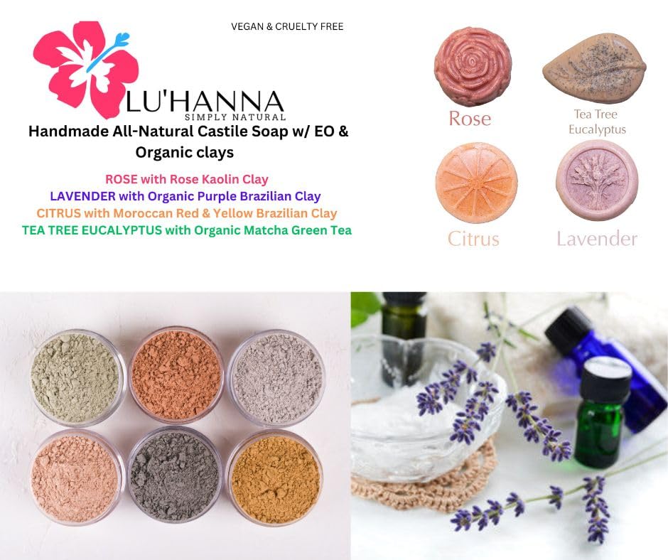 LU'HANNA Handmade All-Natural Castile Soap w/Essential Oils & Organic Clays, Rose, Lavender, Citrus, Tea Tree Eucalyptus, (Pack of 4, 3.5 oz each)