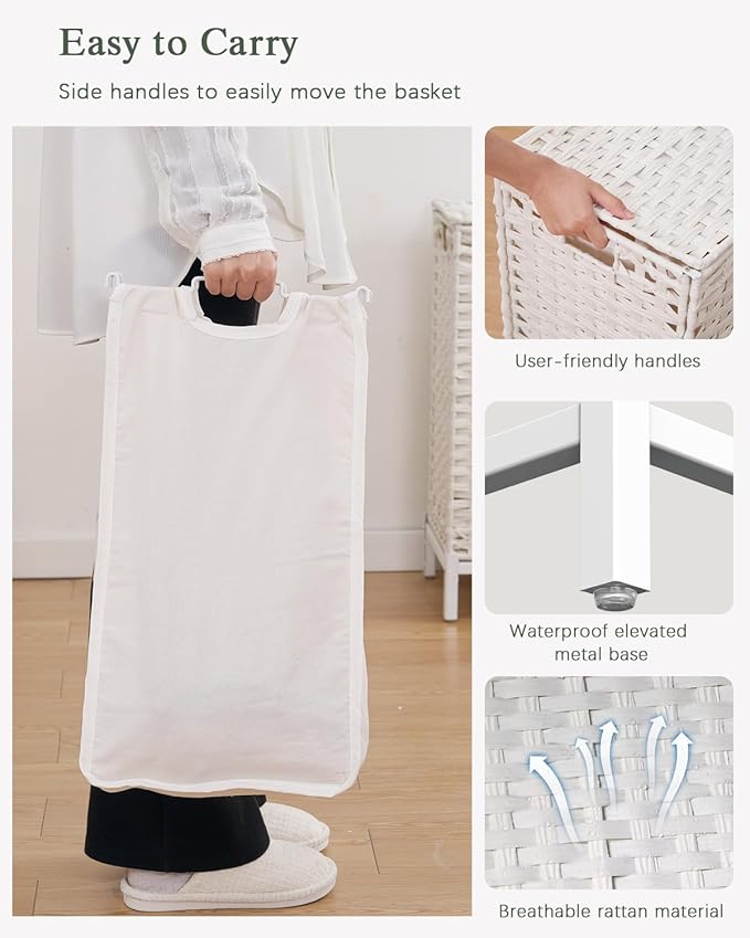 Laundry Hamper with Lid, 112 L Handwoven Rattan Wicker Laundry Basket, 2 Removable Liner Bags Metal Heightened Feet, 6 Mesh Bags, 2 Section Large Clothes Hamper for Bathroom Bedroom, White
