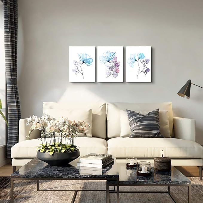 3 Piece Modern Blue Flowers Canvas Wall Art for Bedroom Living Room decor,Bathroom Wall Decor,3 Panels framed Wall Watercolor Painting Kitchen Home Decoration Canvas Print Artwork Wall Mural