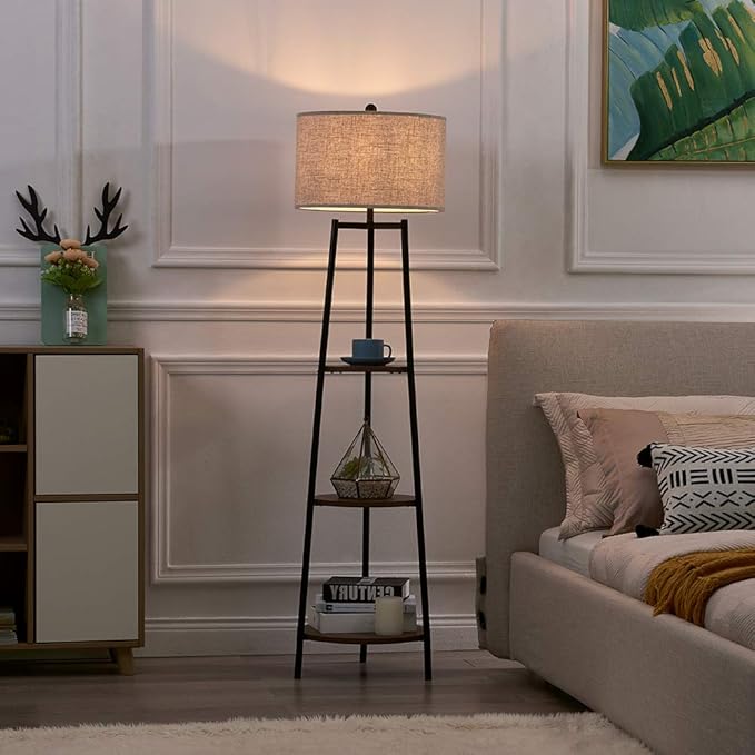 Floor Lamp, Standing Reading Light with Shelves and Fabric Shade, Modern Tall Pole Lamp, Accent Furniture Décor Lighting for Living Room, Bedrooms Black