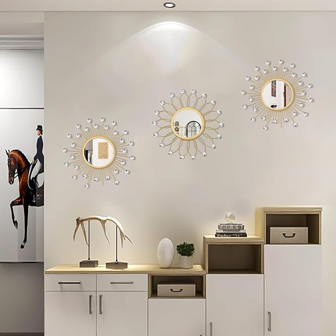 3 Pack Metal Mirrors for Wall Sunburst Wall Mirrors Home Décor Decorative Hanging Wall Art for Living Room Bedroom Entryway (Gold Crystal, Flower+Sunburst)