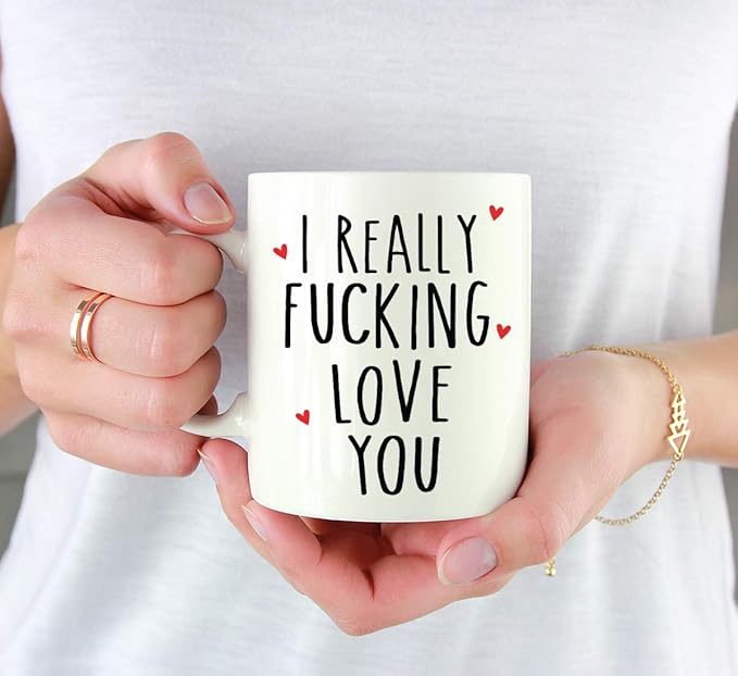 Andaz Press Valentine’s Day Funny 11oz. His Her Couples Coffee Mug Gift, I Really Fucking Love You, Heart Graphic, 1-Pack, Gift Box