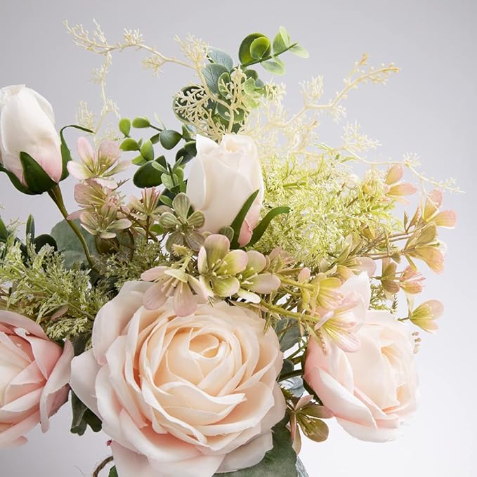 Silk Rose Flowers in Vase, Artificial Flowers Arrangement with Glass Vase Faux Rose for Decoration Table Centerpiece (Pink Rose)