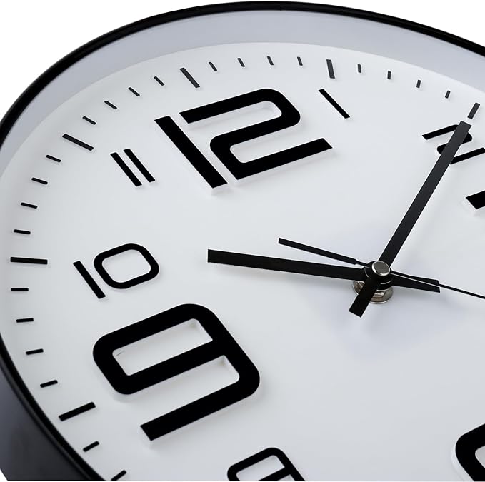 Plumeet Wall Clock, 12'' Bedroom Wall Clocks Battery Operated, Silent Quartz Clock Decorate Kitchen Living Room, 3D Numbers Display Easy to Read, White
