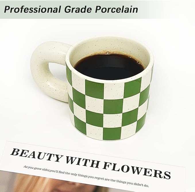 Ceramic Coffee Mug,Tea Cup with Porcelain Fat Round Handle,Dishwasher&Microwave Safe Mug to Decorate,12 oz, Modern,Simplicity Unique Style For Any Kitchen. (Green white grid)