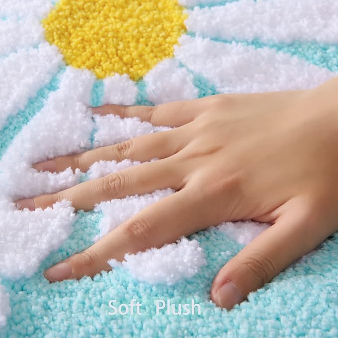 QJHOMO Green Bathroom Rug Cute Daisy Bath Mat White and Yellow Flower Decor Rugs Non Slip Floor Carpet Microfiber Bathmat Super Absorbent Machine Washable Bathtub Mats for Shower (24x48 inch)