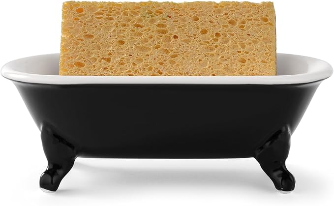 6.5" Ceramic Mini Decorative Clawfoot Bathtub Bar Soap Dish, Kitchen Sponge Holder and Shower Tray for Bathroom, 1 Pack(Black)