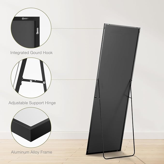 Sweetcrispy 64"x21" Full Length Mirror, Standing or Leaning Full Body Mirror with Aluminum Alloy Thin Frame, Suitable for Bedroom or Cloakroom,Black