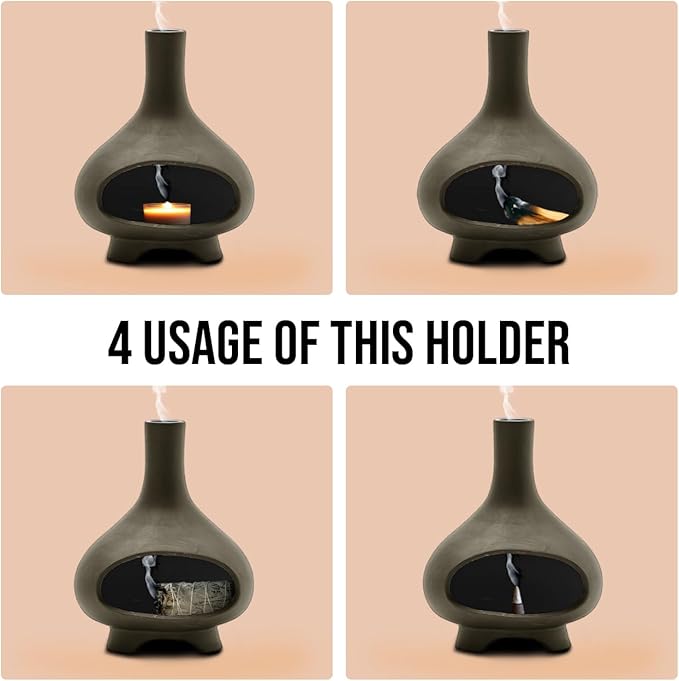 Palo Santo Holder Handmade Ceramics Incense Burner Chimney Dish Smudge Bowl for Palo Santo Sticks Sage Bundles with Brush(Brown) (Furnace Gray)