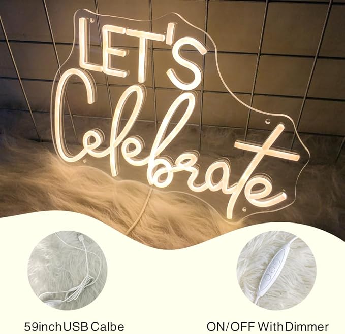Let's Celebrate Neon Sign Warm White LED Neon Lights for Wall Decor USB-Powered Neon Signs for Living Rooms, Dining Rooms, Bars, Clubs, Hotels, Restaurants, Thanksgiving and Party Decorations
