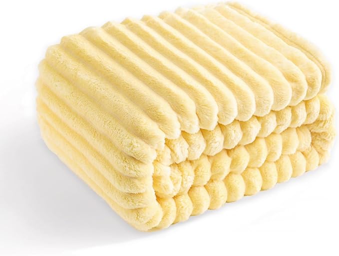 Bnuitland Super Soft Flannel Throw Blanket, 3D Striped Jacquard Fluffy Blanket for Bed,Sofa,Couch,Home Decor, 300GSM Fleece Lightweight Cozy Throw for Adults and Kids, 50X70 inches Light Yellow