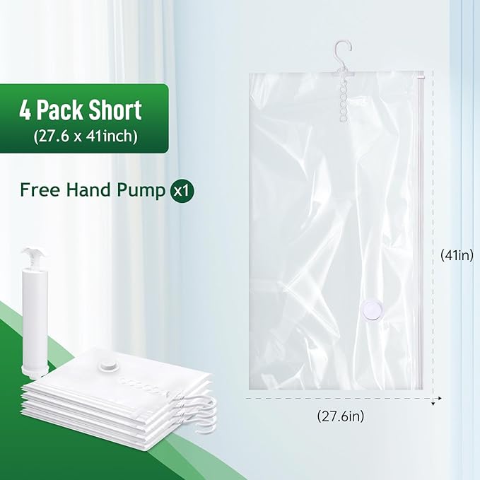 Hanging Vacuum Storage Bags For Clothes With Hand Pump,Coat Storage Bag Hanging,Vacuum Bags For Clothes,Space Saver Vacuum Storage Bags,Garment, Clothing, Dress, Suit, Long Coat, Jacket(Short 4 Pack)