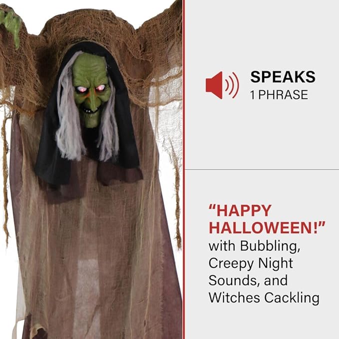 Haunted Hill Farm Talking Hunchback Witch, Halloween Animatronic with Movement and Lights for Battery Operated Scary Indoor or Covered Outdoor Halloween Decorations, Creepy Halloween Prop