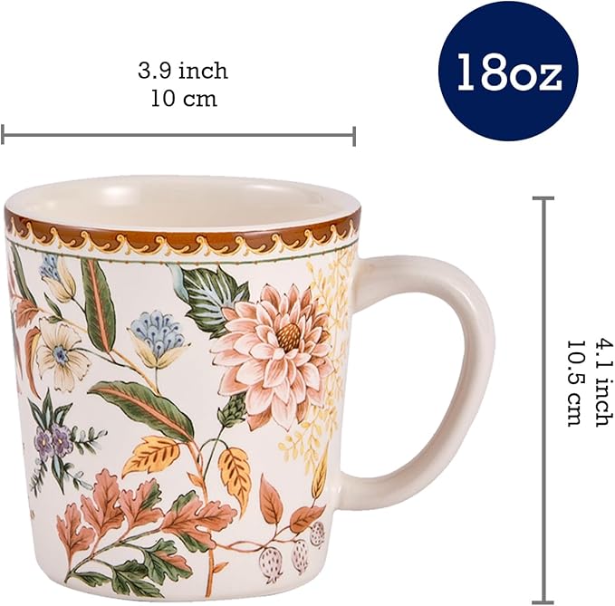 Bico Blooming Moment Ceramic Mugs, Set of 4, for Coffee, Tea, Drinks, Microwave & Dishwasher Safe