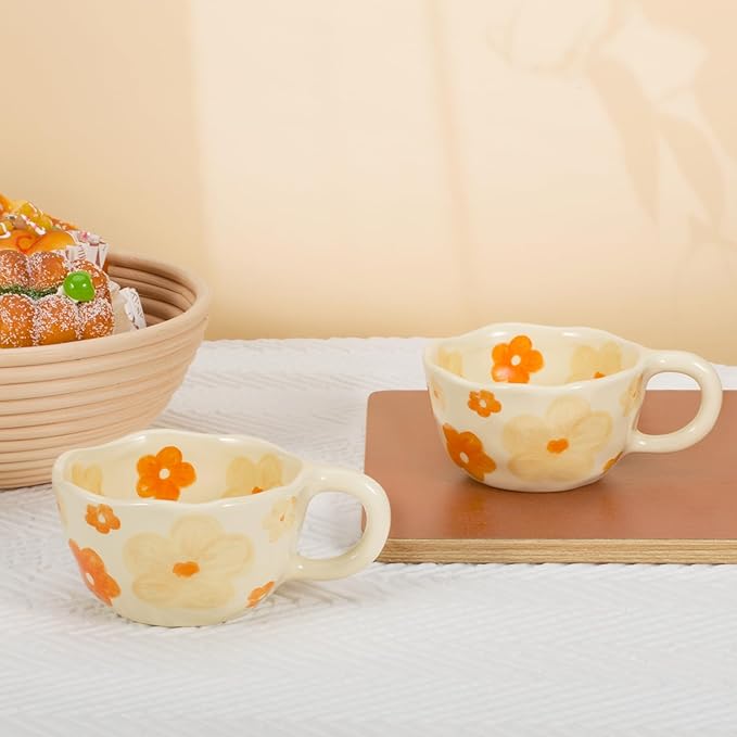 Koythin 2-Pieces Ceramic Coffee Mugs, Creative Cute Flower Cup for Office and Home, 8.5 oz/250 ml Aesthetic Mug for Latte Tea Milk (2 Orange Flower)