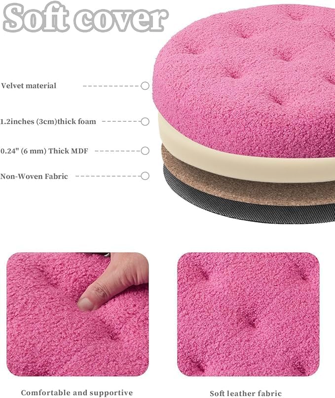 Ottoman with Storage, Foot Rest Stool with Thicker Foam Padded Seat Teddy Velvet Small Round 14“ x 14” x 13 "Inchs Storage Ottoman Bench for Living Room Foldable Pouf Coffee Table 2 Pack, Pink