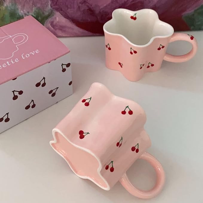 Women Girls Pink Flower Shape Cherry Mug Ceramic Coffee Mug Water Cup 350ml/12oz Cute Novelty Vintage Gift