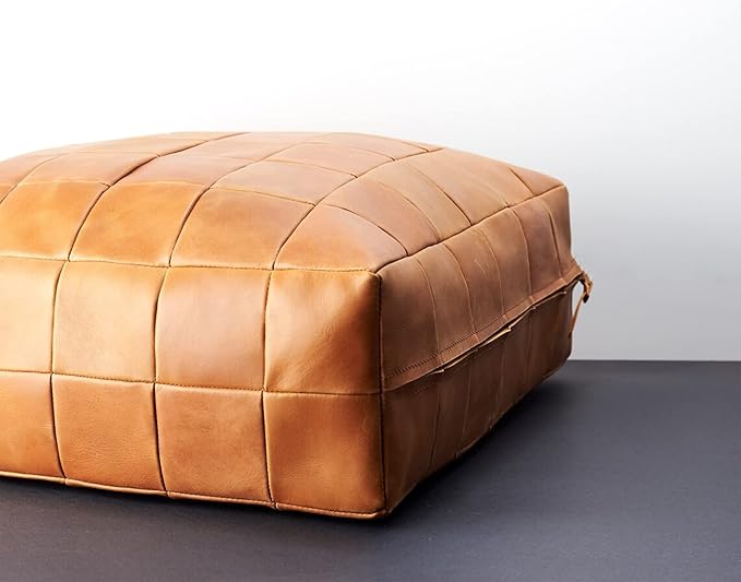 MARRAKESH STYLE Comfortable Leather Ottoman Pouf - Handmade Unstuffed Moroccan Pouf Cover - Square Pouf & Foot Rest Ottoman - Perfect for Living Rooms Bedrooms & Kids Room - Luxury Square Brown
