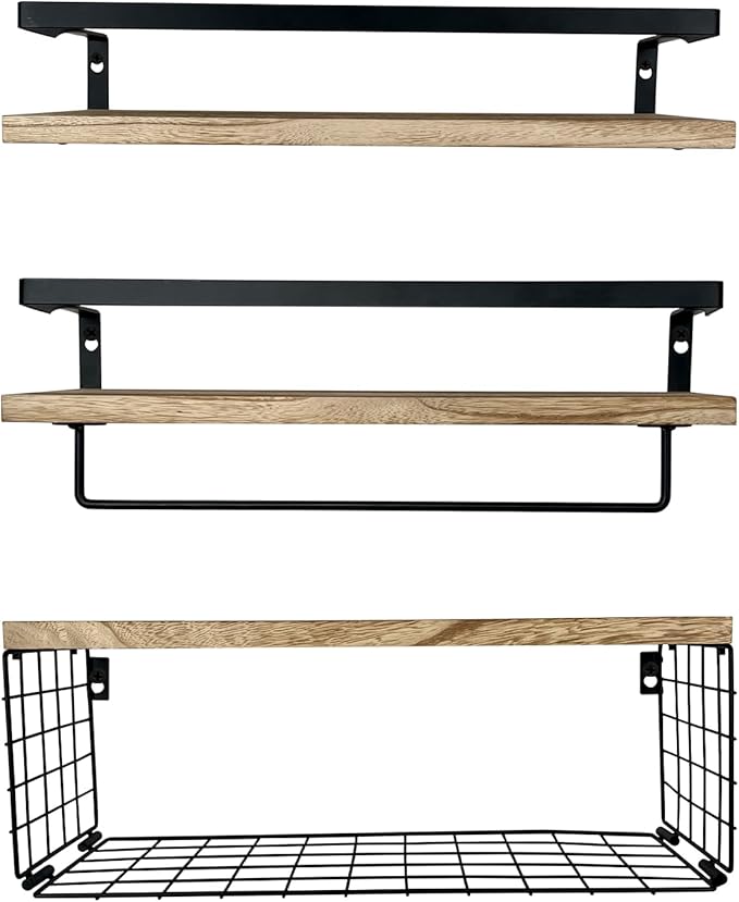 Floating Shelves Bathroom,Set of 3 Wall Mounted Shelves with Storage Baskets,Wall Shelves for Bathroom Wall Organizer,Over Toilet