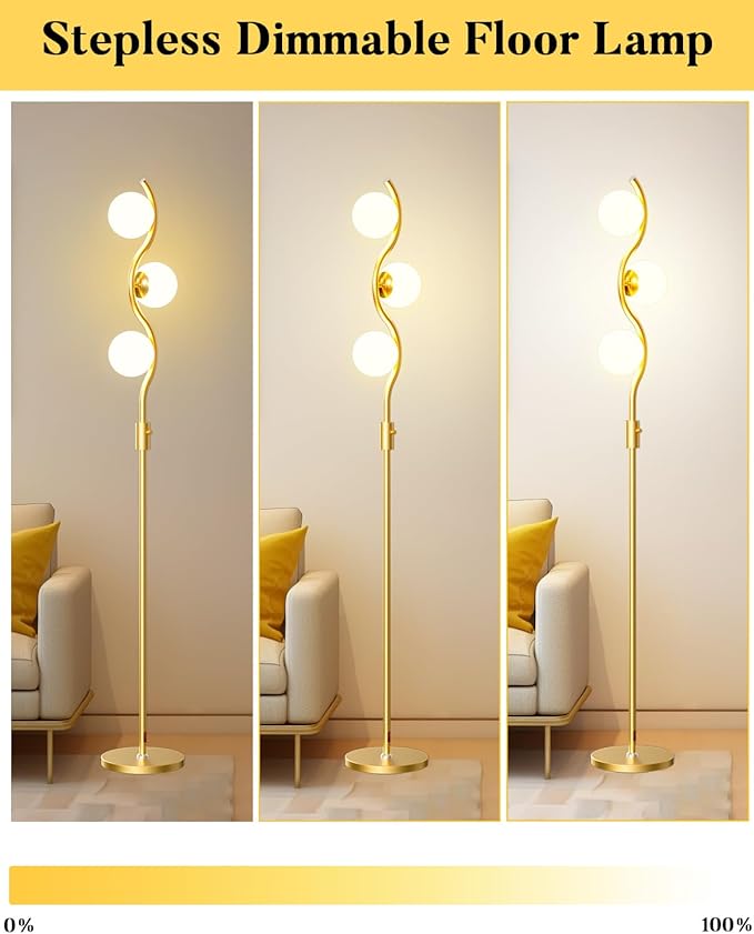 60IN Dimmable (Brightness Adjustable) Gold Floor Lamp, Modern Standing Lamps with 3 Globe Soft Warm White 3000K Bulbs, Mid Century Floor Lamp for Living Room Bedroom Home Decor