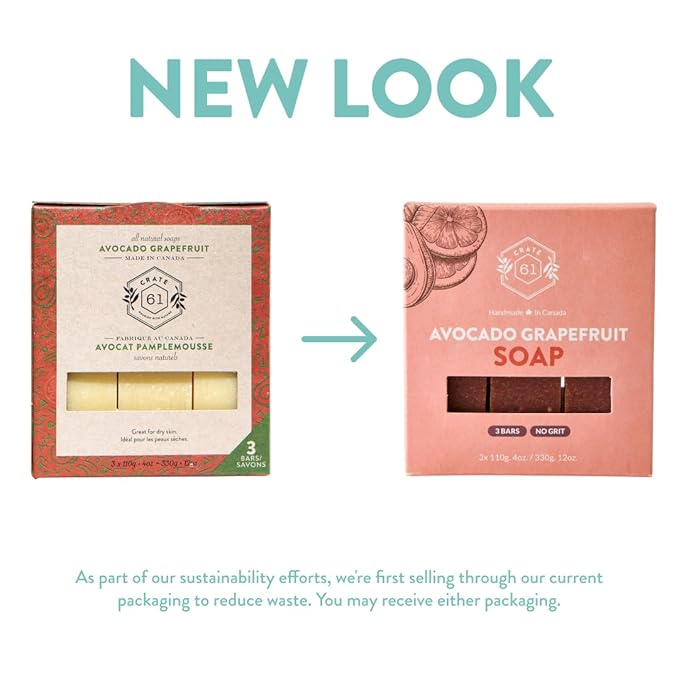Handmade in Canada, Plant Based Cold Process Natural Bar Soap For Face And Body, With Premium Essential Oils, For Men And Women 3 Pack (Avocado Grapefruit)