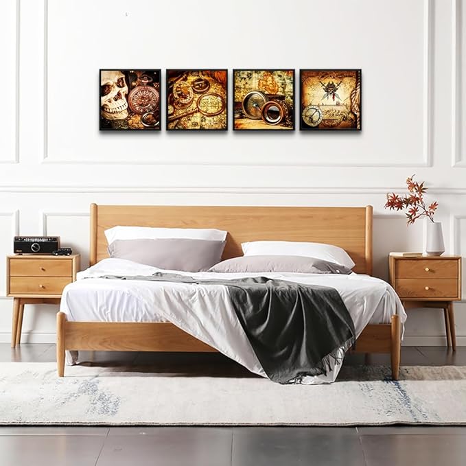 hyidecorart Black Framed Wall Art For Living Room Office Wall Decor Pictures Pirate Ship Compass Restoring Ancient Ways Wall Painting Prints Artwork Bedroom Decor Dormitory Room Home Decor 4 Piece