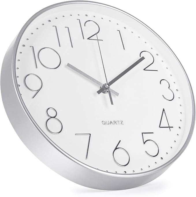 Wall Clock Non-Ticking Silent Modern Simple Style Round Decor Clock Stereoscopic Dial Quartz Wall Clocks for Home/Office/School/Living Room/Bedroom/Kitchen (Silver, 8inch)
