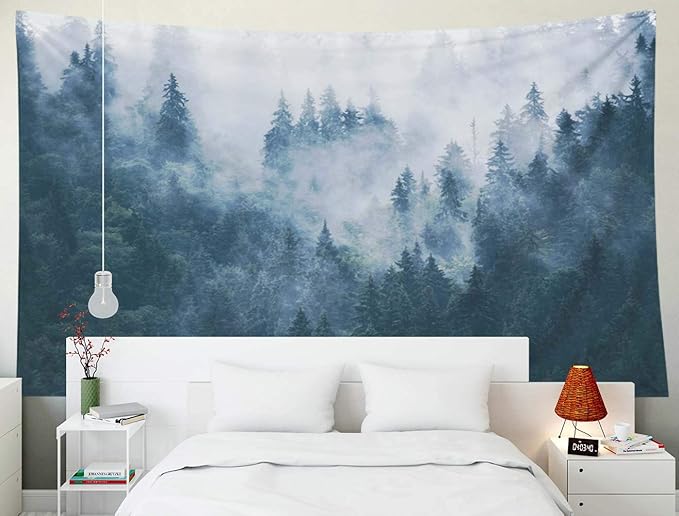 EMMTEEY Tapestry Wall Hanging, Tapestries Décor Living Room Bedroom for Home Inhouse by Printed 92.5X70.9 Inches for Misty Foggy Mountain Landscape Fir in Hipster Vintage Retro Style