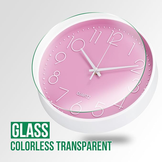 Wall Clock Non-Ticking Silent Modern Simple Style Round Decor Clock Stereoscopic Dial Quartz Wall Clocks for Home/Office/School/Living Room/Bedroom/Kitchen (Pink, 8inch)