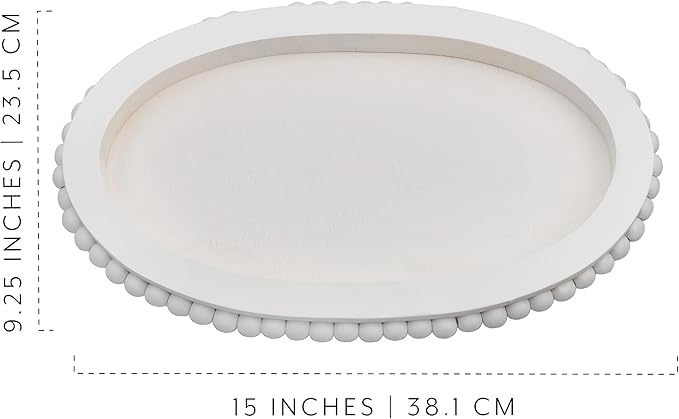 AuldHome Wood Beaded Tray (White), Decorative Farmhouse Style Oval Wooden Tray
