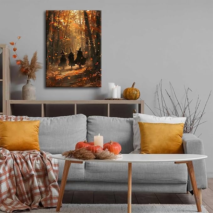 ILLBDR Halloween Canvas Wall Art Prints Creepy Witchy Silhouette Vintage Painting Poster Gothic Dark Moody Pictures Decor for Gallery Living Room Bedroom Bathroom 12x16 inch Framed